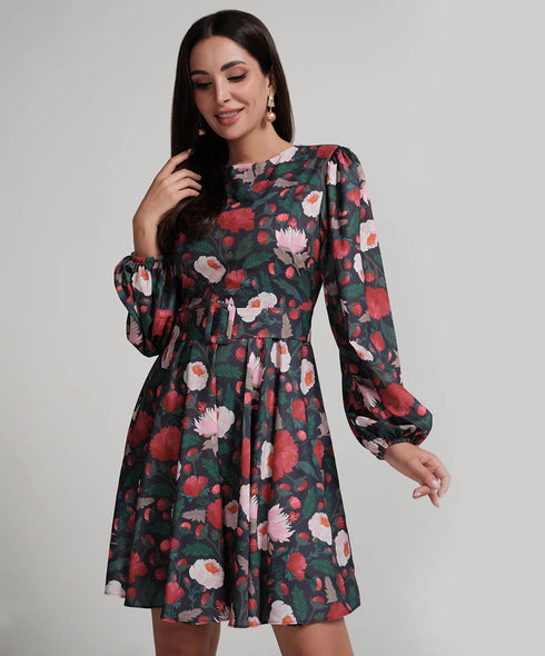 Sleeve Puffed Printed Short Dress